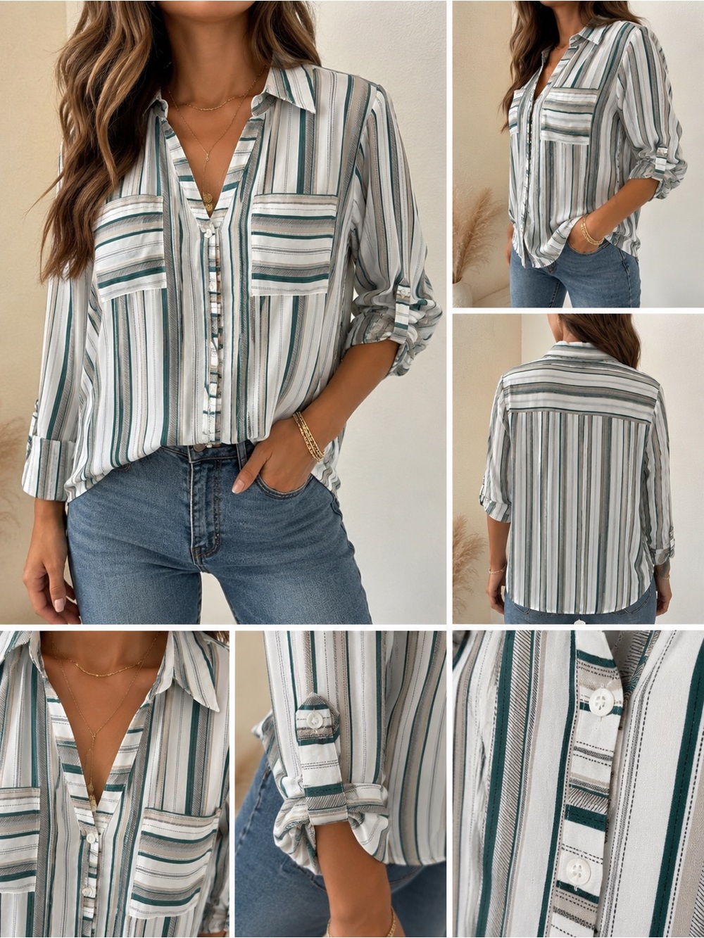 BCX Striped Button-Down Shirt in Green and White